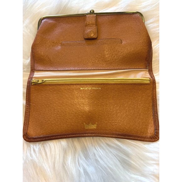 Vtg Antique Pigskin Leather Wallet With Gold-Tone Frame & Crown Detail Clutch - Picture 2 of 12